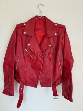 Vintage Red Lambskin Leather Moto Jacket Cropped Belted Distressed